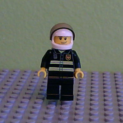LEGO Minifigure-Fire - Reflective Stripes, Black Legs, White Standard Helmet, Trans-Black Visor, Stubble Beard and Moustache, Smirk and Stubble Beard-Town / City / Fire-CTY166-Creative Brick Builders